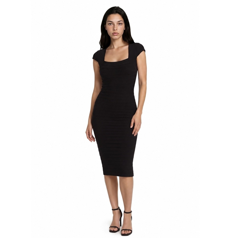 Adrianna Papell Sheath Dress Women's Size 12 Black Sleeve Ribbed Bandage Midi